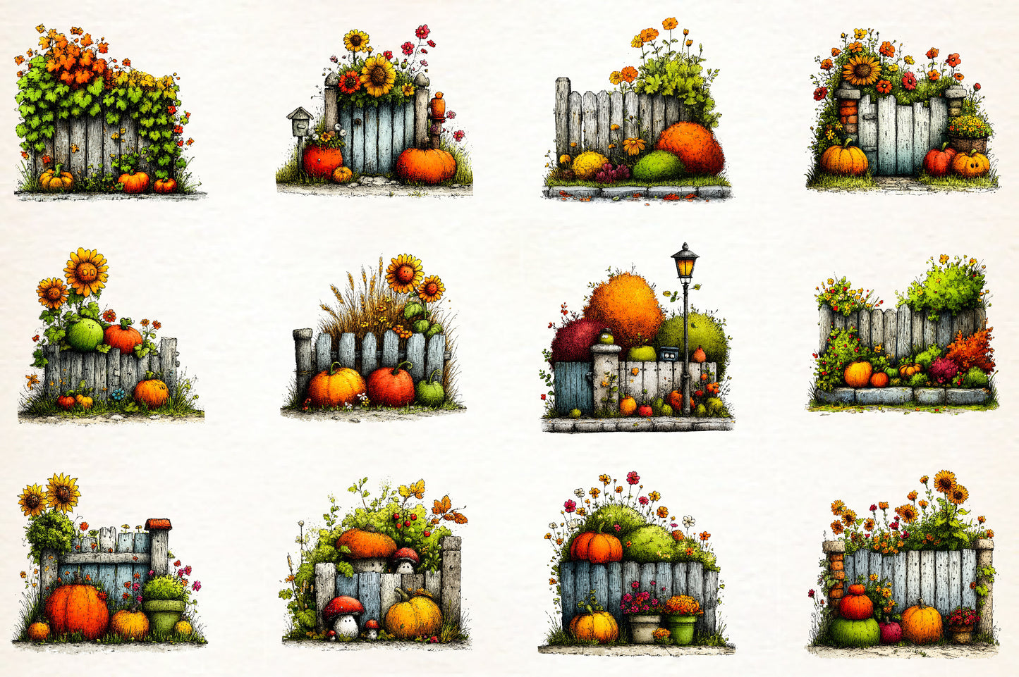 Whimsical Autumn Fence PNG Bundle | Fall Fence Clipart, Pumpkin Garden, Rustic Farmhouse & Harvest Garden Graphics