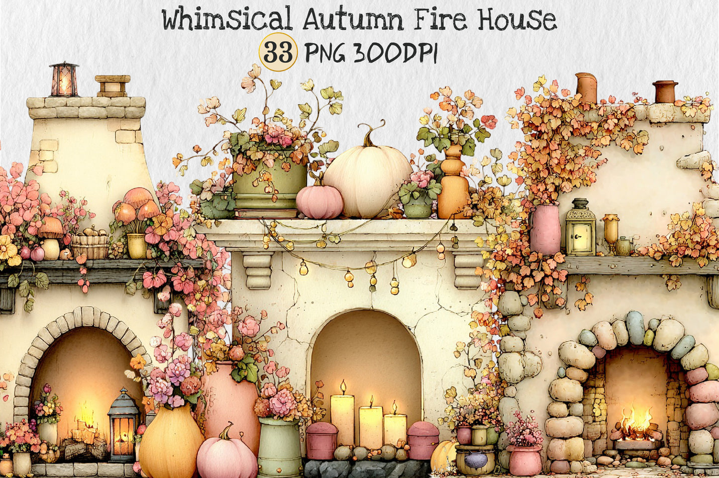 Whimsical Autumn Fireplace PNG Cozy Fall Pumpkin Cottage Sublimation Design