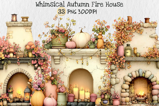 Whimsical Autumn Fireplace PNG Cozy Fall Pumpkin Cottage Sublimation Design