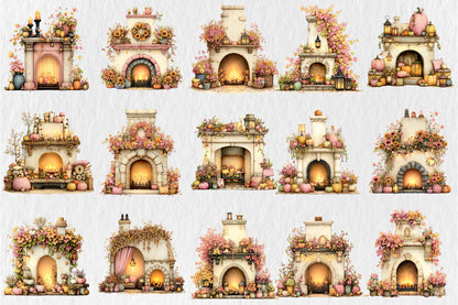 Whimsical Autumn Fireplace PNG Cozy Fall Pumpkin Cottage Sublimation Design
