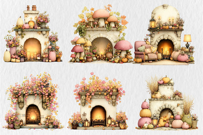 Whimsical Autumn Fireplace PNG Cozy Fall Pumpkin Cottage Sublimation Design