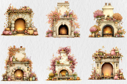 Whimsical Autumn Fireplace PNG Cozy Fall Pumpkin Cottage Sublimation Design