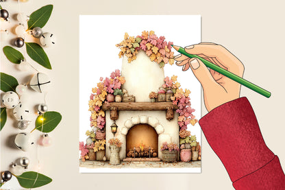 Whimsical Autumn Fireplace PNG Cozy Fall Pumpkin Cottage Sublimation Design