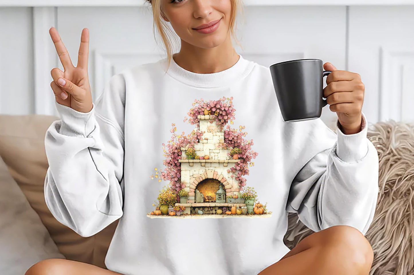 Whimsical Autumn Fireplace PNG Cozy Fall Pumpkin Cottage Sublimation Design