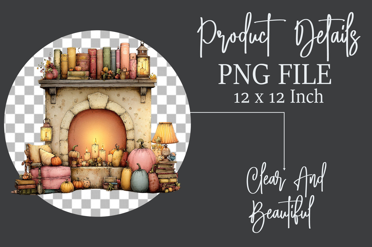 Whimsical Autumn Fireplace PNG Cozy Fall Pumpkin Cottage Sublimation Design