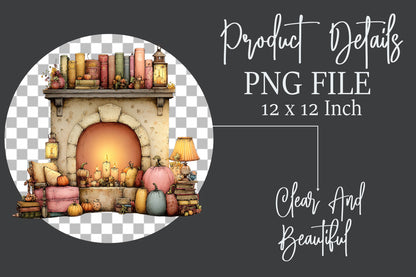 Whimsical Autumn Fireplace PNG Cozy Fall Pumpkin Cottage Sublimation Design