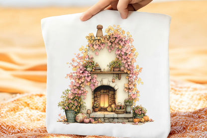 Whimsical Autumn Fireplace PNG Cozy Fall Pumpkin Cottage Sublimation Design