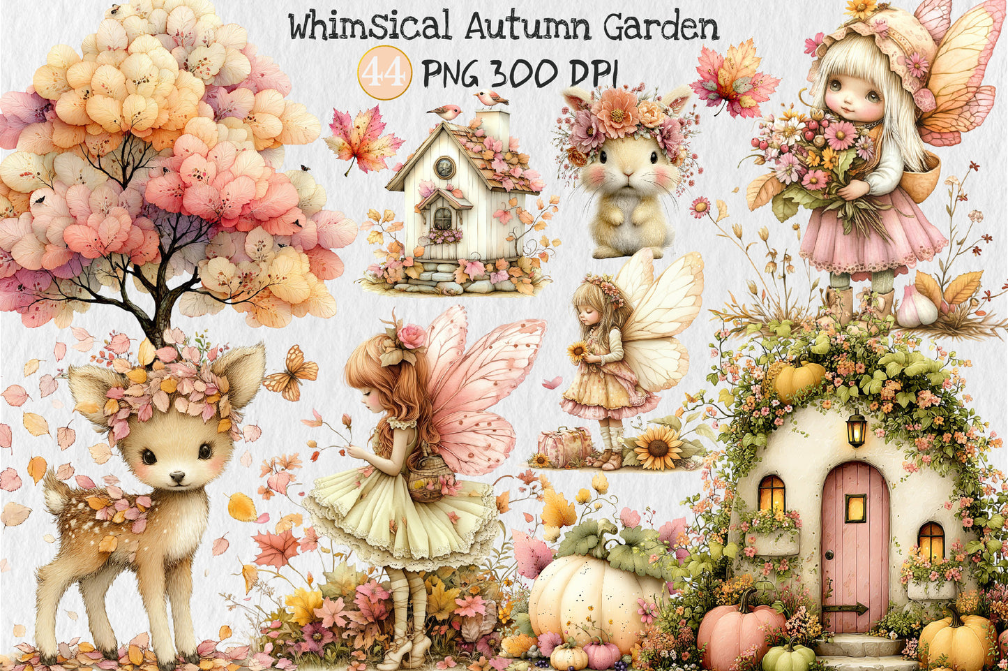 Whimsical Autumn Garden PNG Fairy Cottage Deer Floral Clipart Bundle