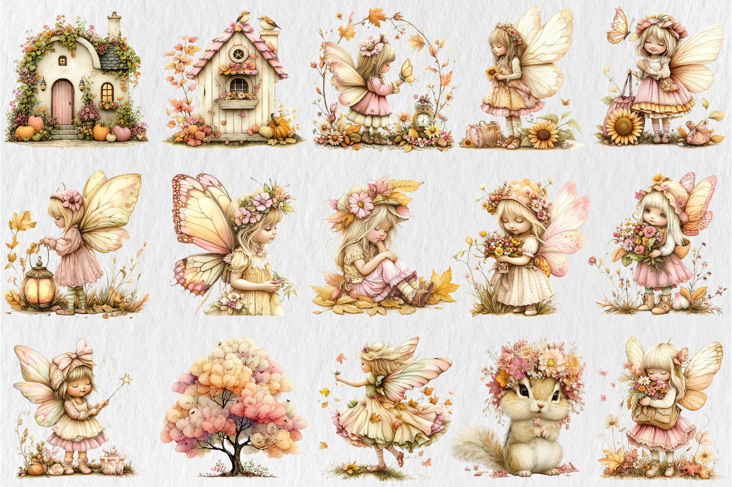 Whimsical Autumn Garden PNG Fairy Cottage Deer Floral Clipart Bundle