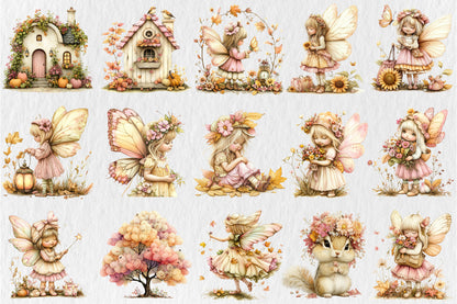 Whimsical Autumn Garden PNG Fairy Cottage Deer Floral Clipart Bundle