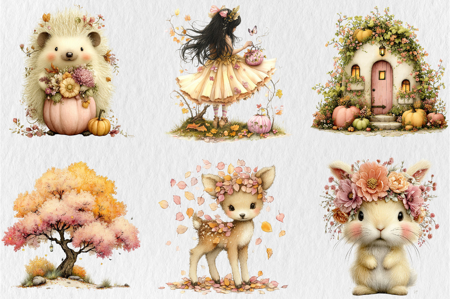Whimsical Autumn Garden PNG Fairy Cottage Deer Floral Clipart Bundle