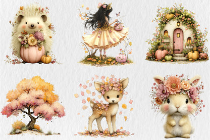 Whimsical Autumn Garden PNG Fairy Cottage Deer Floral Clipart Bundle