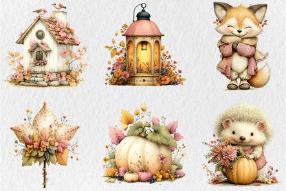 Whimsical Autumn Garden PNG Fairy Cottage Deer Floral Clipart Bundle