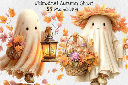 Whimsical Autumn Ghost Clipart PNG Fall Ghost Halloween Cottagecore Sublimation Bundle