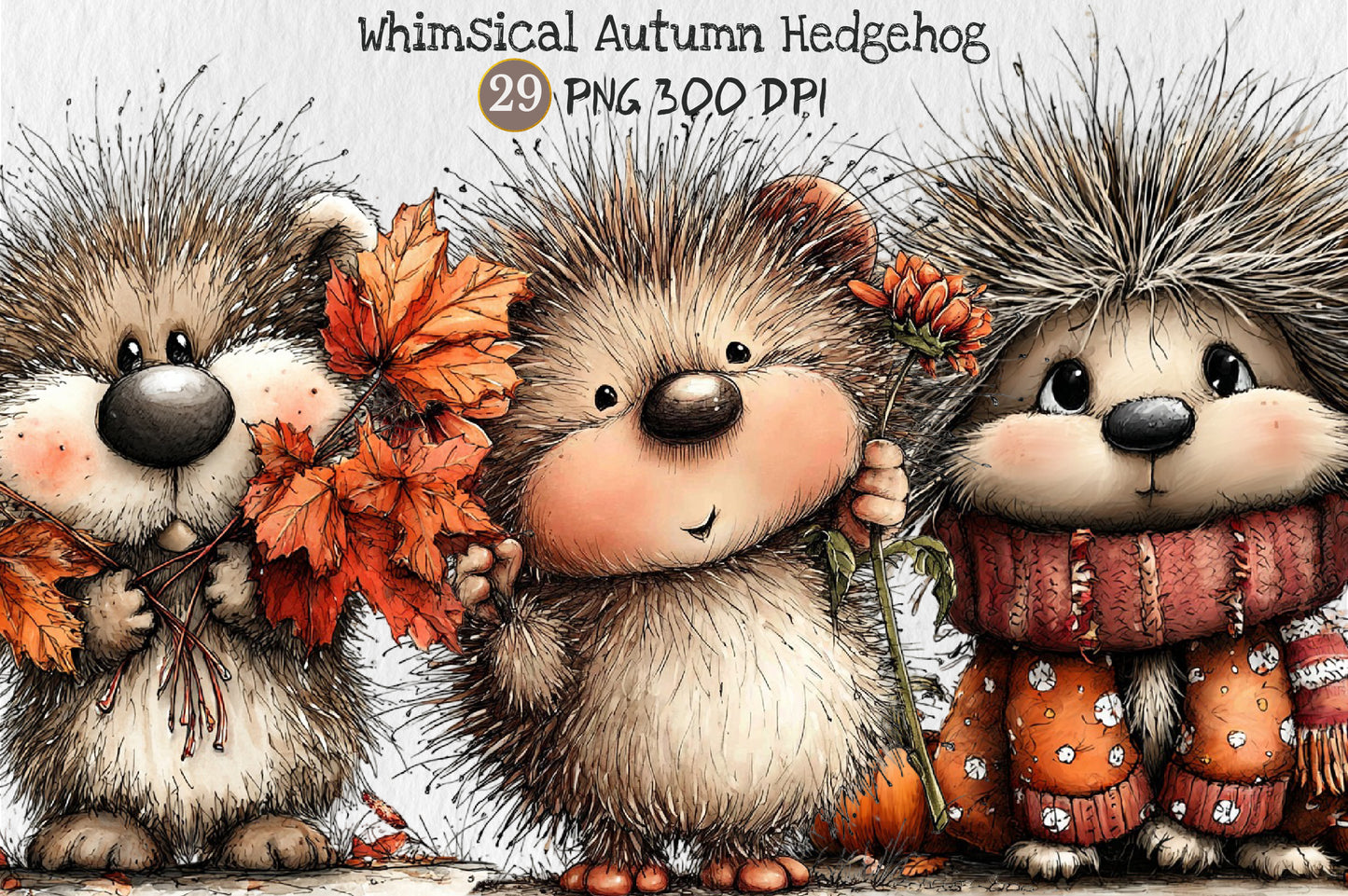 Whimsical Autumn Hedgehog PNG Cute Fall Hedgehog Animal Clipart Bundle