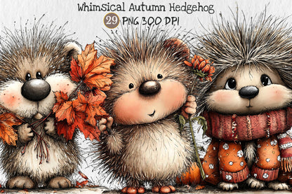 Whimsical Autumn Hedgehog PNG Cute Fall Hedgehog Animal Clipart Bundle