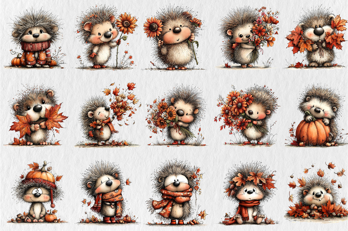 Whimsical Autumn Hedgehog PNG Cute Fall Hedgehog Animal Clipart Bundle