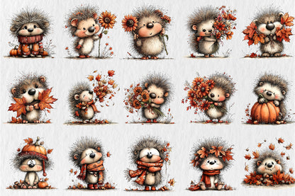 Whimsical Autumn Hedgehog PNG Cute Fall Hedgehog Animal Clipart Bundle