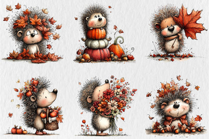 Whimsical Autumn Hedgehog PNG Cute Fall Hedgehog Animal Clipart Bundle