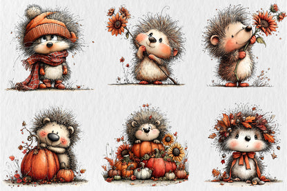 Whimsical Autumn Hedgehog PNG Cute Fall Hedgehog Animal Clipart Bundle