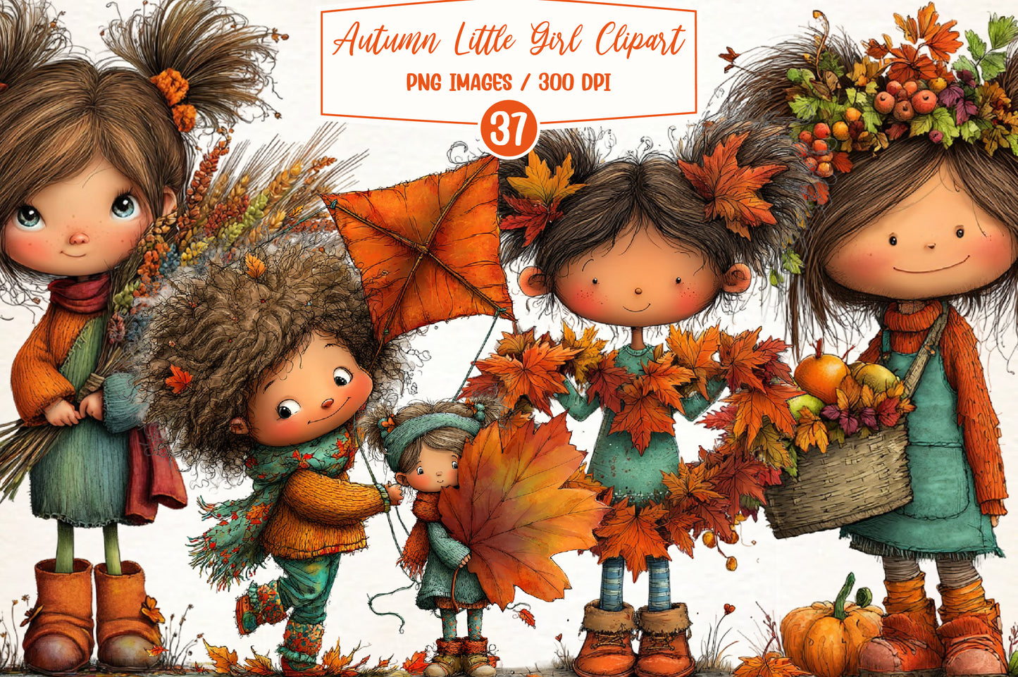 Autumn Little Girl PNG Bundle | Whimsical Fall Girl Clipart, Cute Autumn Children, Pumpkin & Leaf Harvest Graphics