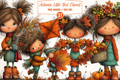 Autumn Little Girl PNG Bundle | Whimsical Fall Girl Clipart, Cute Autumn Children, Pumpkin & Leaf Harvest Graphics
