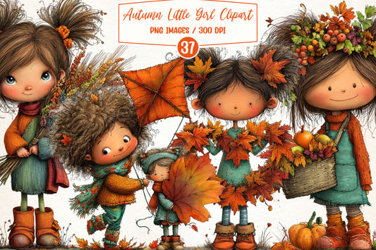 Autumn Little Girl PNG Bundle | Whimsical Fall Girl Clipart, Cute Autumn Children, Pumpkin & Leaf Harvest Graphics
