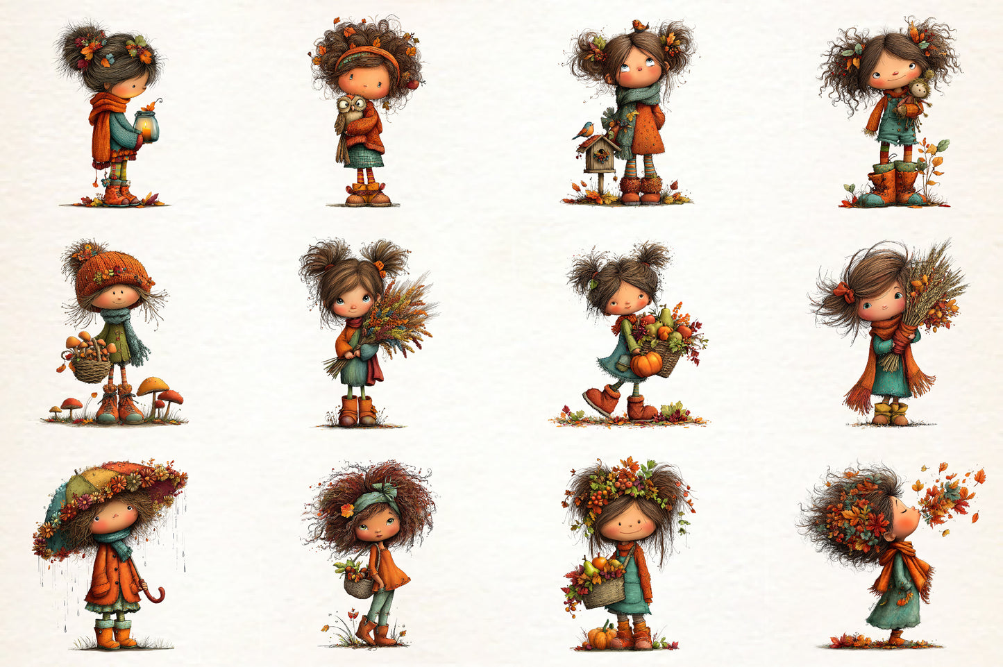 Autumn Little Girl PNG Bundle | Whimsical Fall Girl Clipart, Cute Autumn Children, Pumpkin & Leaf Harvest Graphics