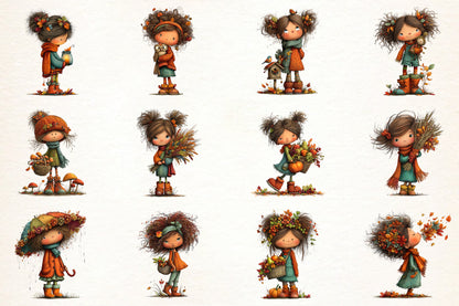 Autumn Little Girl PNG Bundle | Whimsical Fall Girl Clipart, Cute Autumn Children, Pumpkin & Leaf Harvest Graphics