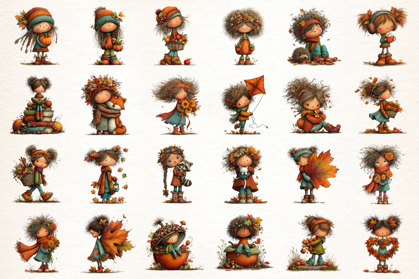 Autumn Little Girl PNG Bundle | Whimsical Fall Girl Clipart, Cute Autumn Children, Pumpkin & Leaf Harvest Graphics