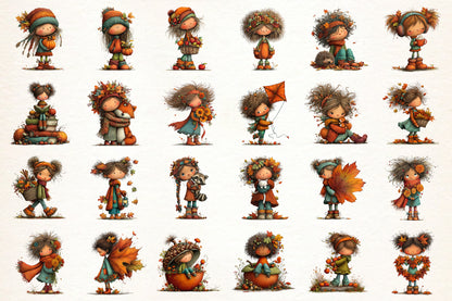 Autumn Little Girl PNG Bundle | Whimsical Fall Girl Clipart, Cute Autumn Children, Pumpkin & Leaf Harvest Graphics