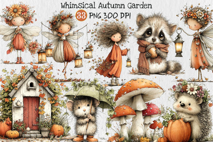 Whimsical Autumn Magical Fairy Garden Clipart PNG Bundle