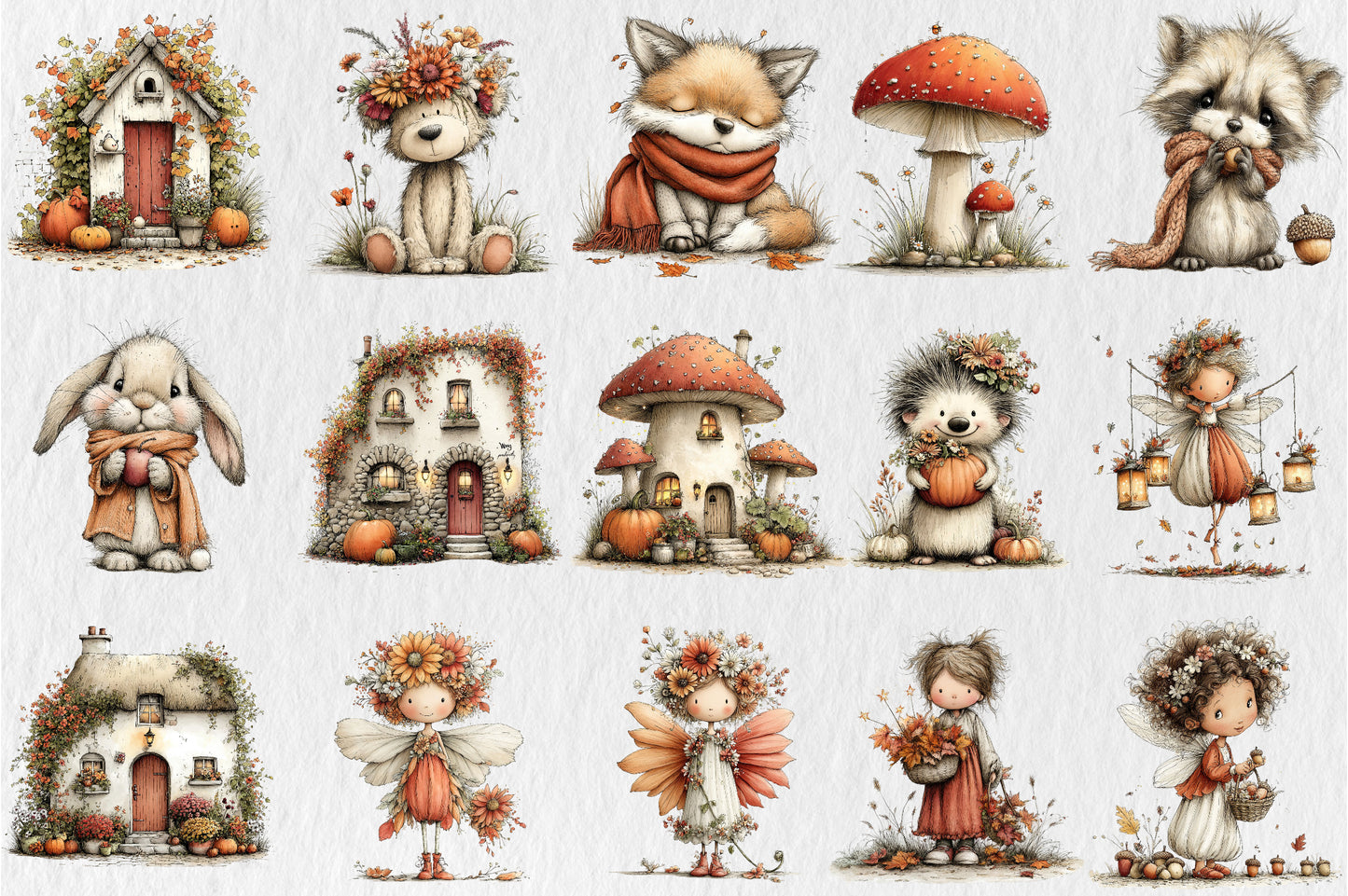 Whimsical Autumn Magical Fairy Garden Clipart PNG Bundle
