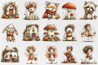 Whimsical Autumn Magical Fairy Garden Clipart PNG Bundle