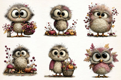 Whimsical Autumn Owl PNG  Cute Fall Owl Harvest Clipart Bundle