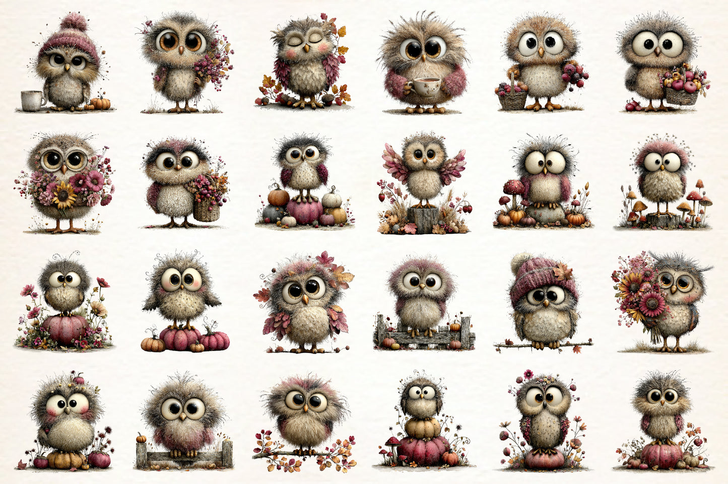Whimsical Autumn Owl PNG  Cute Fall Owl Harvest Clipart Bundle