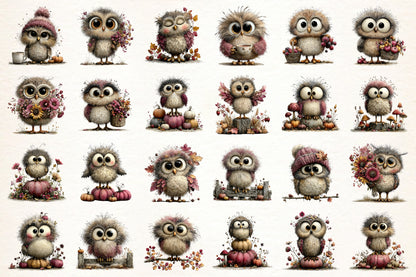 Whimsical Autumn Owl PNG  Cute Fall Owl Harvest Clipart Bundle