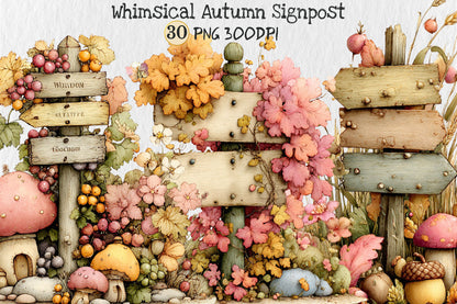 Whimsical Autumn Signpost PNG Fall Flowers Mushrooms Woodland Clipart