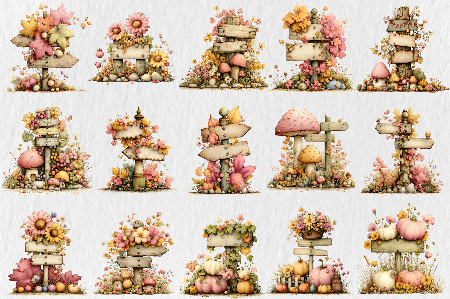 Whimsical Autumn Signpost PNG Fall Flowers Mushrooms Woodland Clipart