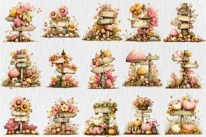 Whimsical Autumn Signpost PNG Fall Flowers Mushrooms Woodland Clipart