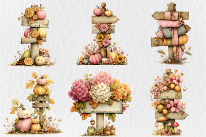 Whimsical Autumn Signpost PNG Fall Flowers Mushrooms Woodland Clipart