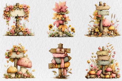 Whimsical Autumn Signpost PNG Fall Flowers Mushrooms Woodland Clipart