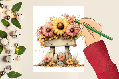 Whimsical Autumn Signpost PNG Fall Flowers Mushrooms Woodland Clipart