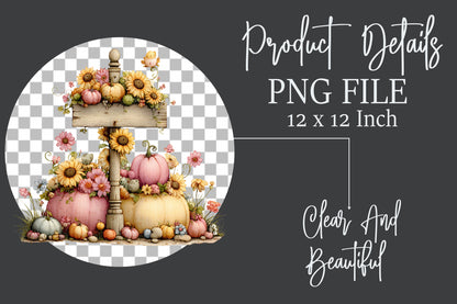 Whimsical Autumn Signpost PNG Fall Flowers Mushrooms Woodland Clipart