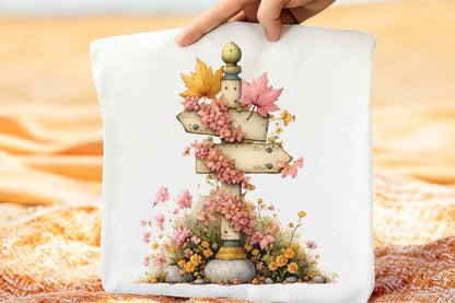 Whimsical Autumn Signpost PNG Fall Flowers Mushrooms Woodland Clipart