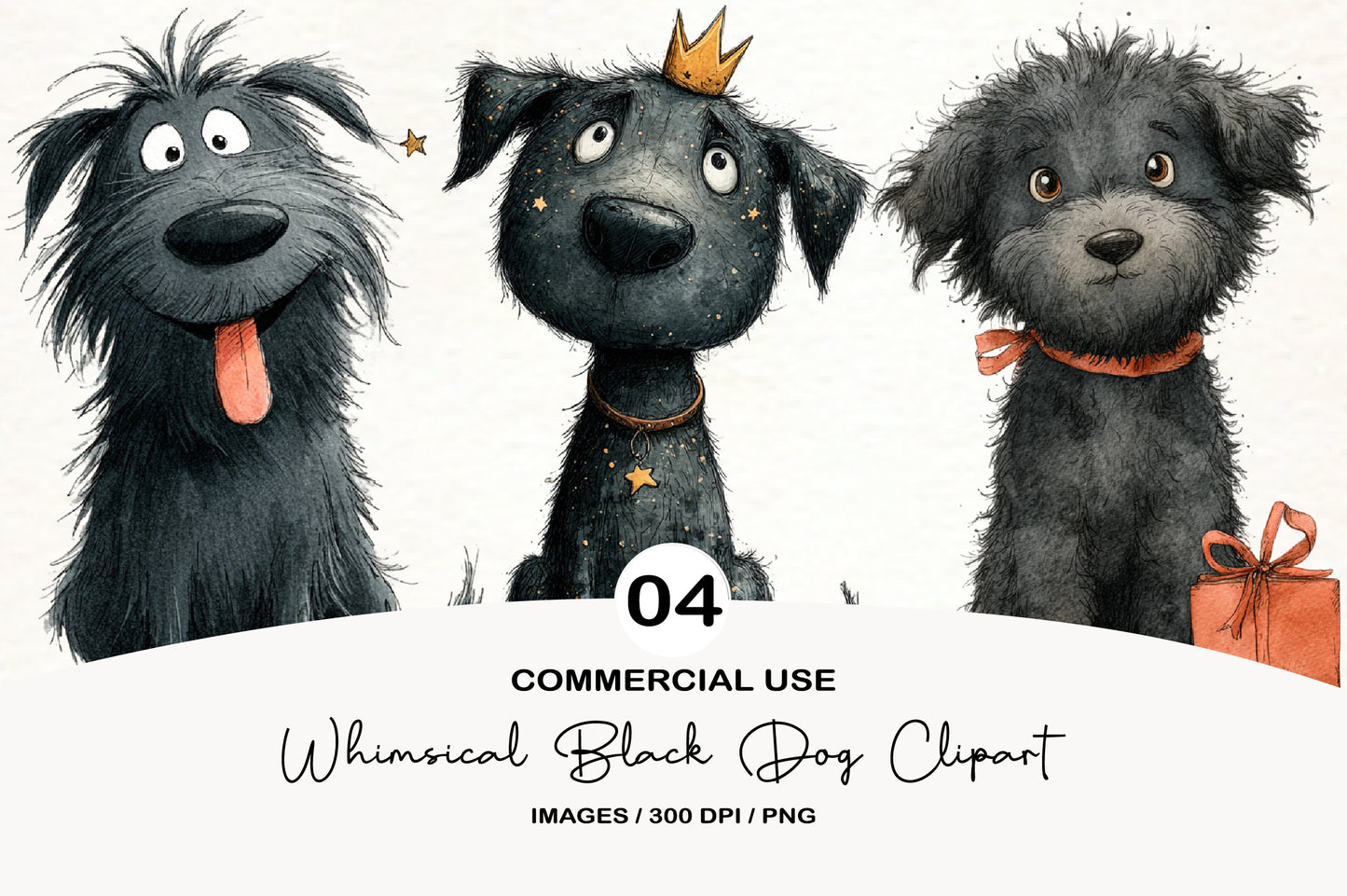 Whimsical Black Dog Clipart PNG Bundle | Cute Watercolor Black Puppy Clipart