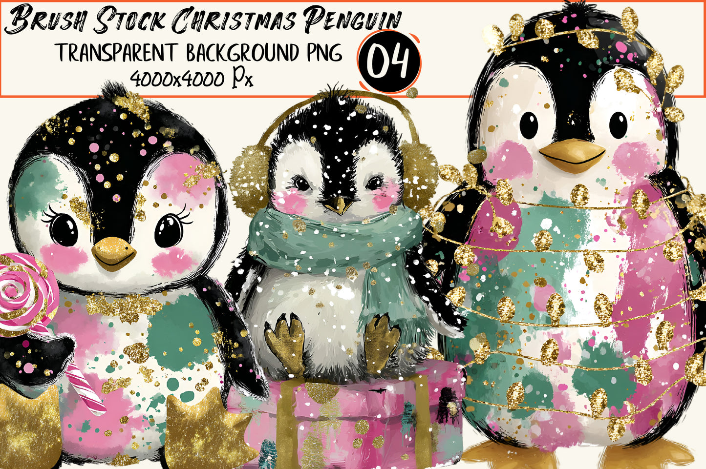 Brush Stock Christmas Penguin Clipart PNG – 4 Designs