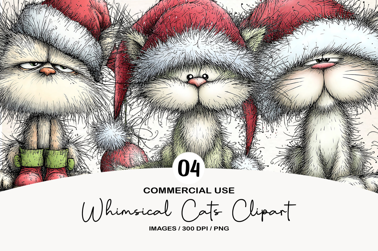 Whimsical Cats Christmas Clipart PNG Bundle | Cute Watercolor Holiday Cats Clipart