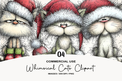 Whimsical Cats Christmas Clipart PNG Bundle | Cute Watercolor Holiday Cats Clipart