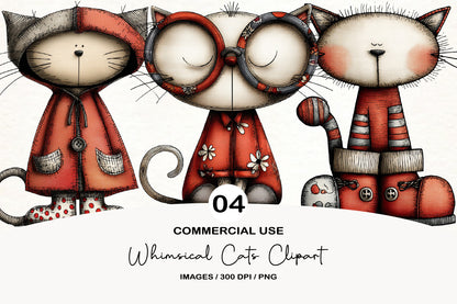Whimsical Cats Clipart PNG Bundle | Cute Watercolor Cat Clipart | Adorable Kawaii Cats
